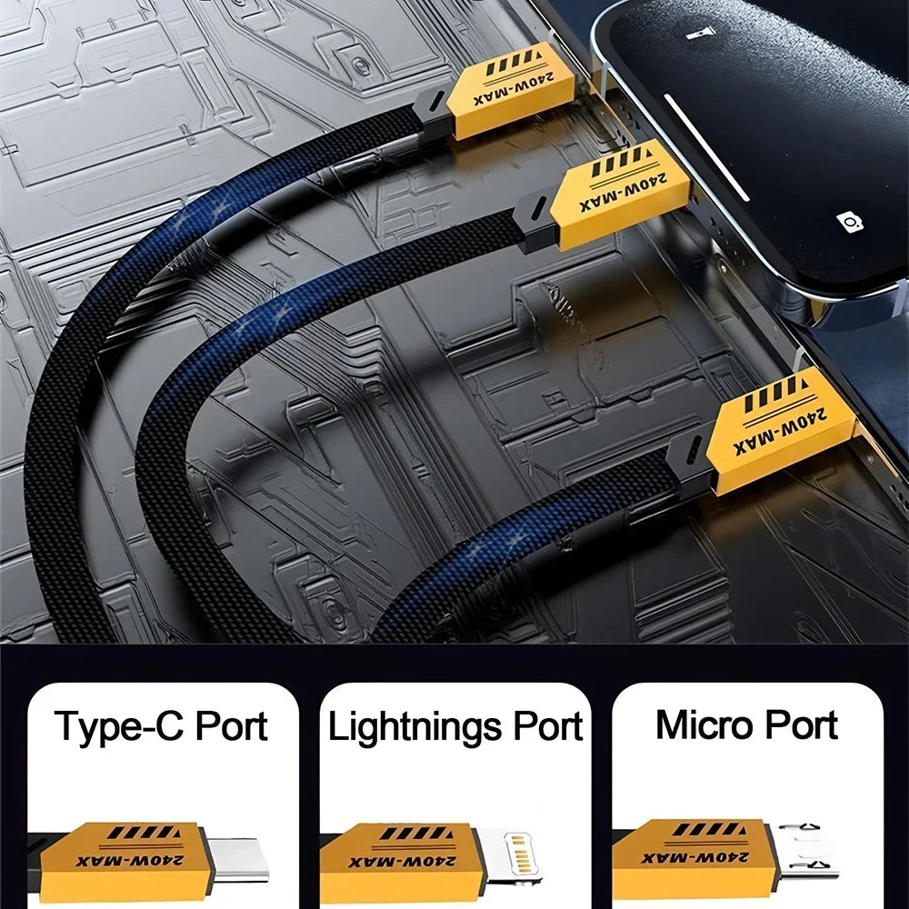 2 IN 3 USB Fast Charging Cable 240W Nylon Braided Multiports Type C Mobile Phone Charger Cable Cord For iPhone 16 Samsung Xiaomi