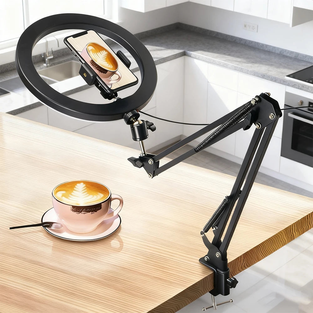 LED Selfie Ring Light Phone Stand With Folding Arm Circle Fill Light Dimmable Photography RingLight For Video YouTobe Streaming