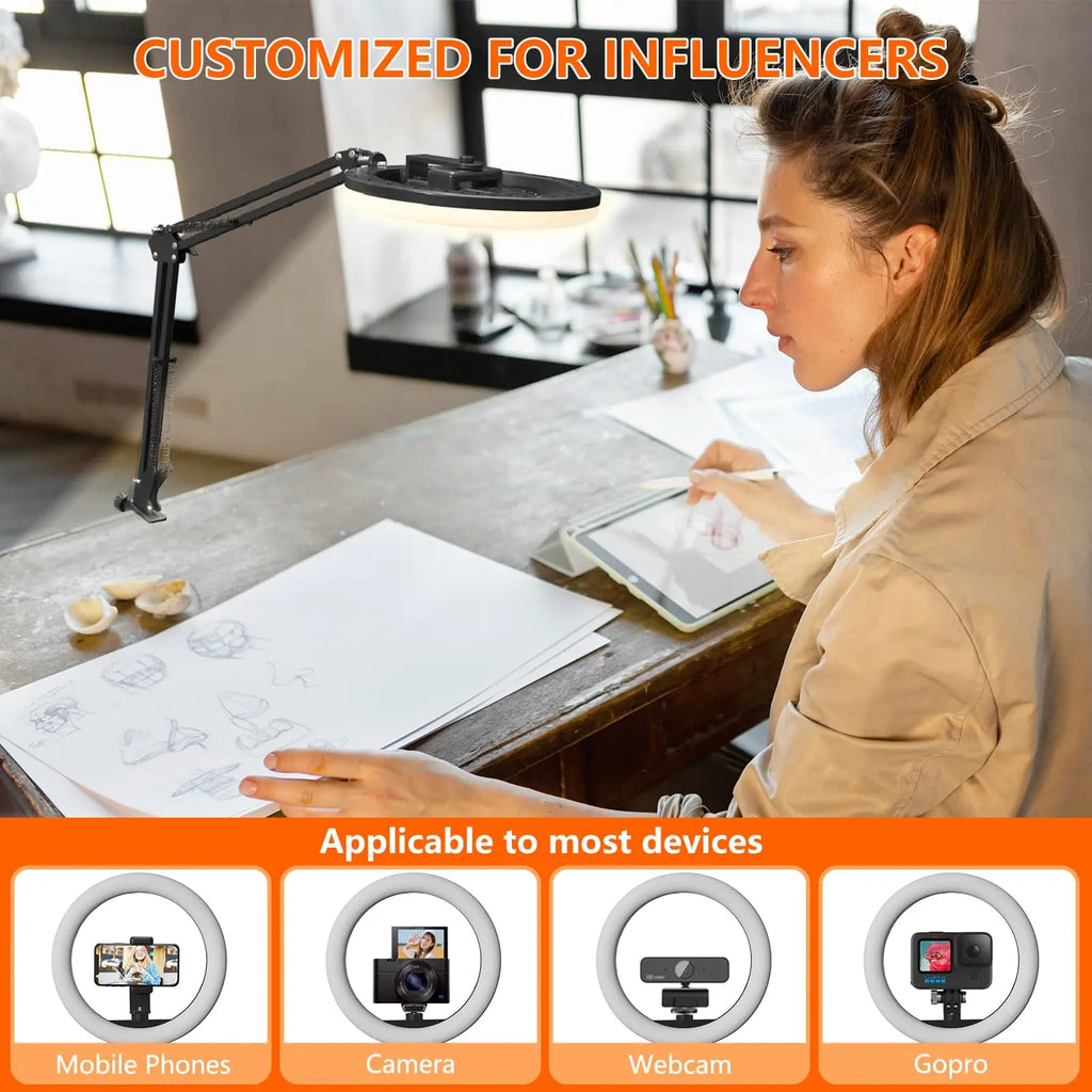 LED Selfie Ring Light Phone Stand With Folding Arm Circle Fill Light Dimmable Photography RingLight For Video YouTobe Streaming