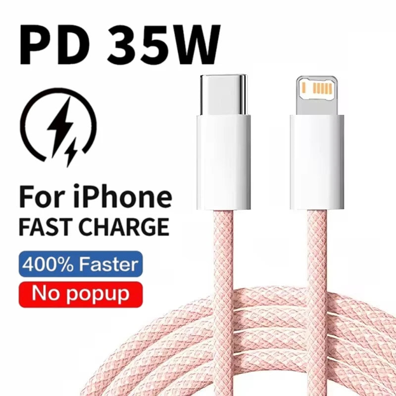 Braided 35W Fast Charge PD Cable For iPhone 13 14 Pro Max 11 12 mini X XR XS Max 7 8 Plus Quick Charging USB-C Data Cables 1m 2m