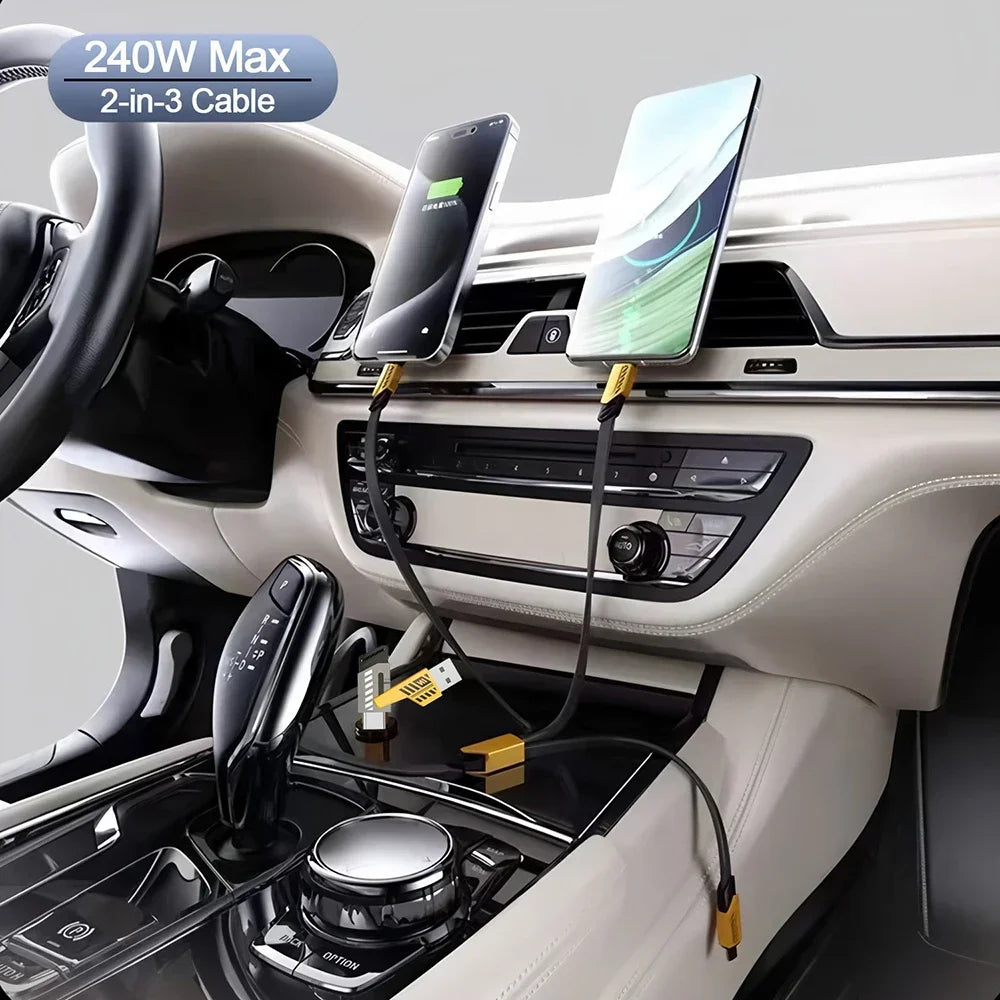 2 IN 3 USB Fast Charging Cable 240W Nylon Braided Multiports Type C Mobile Phone Charger Cable Cord For iPhone 16 Samsung Xiaomi