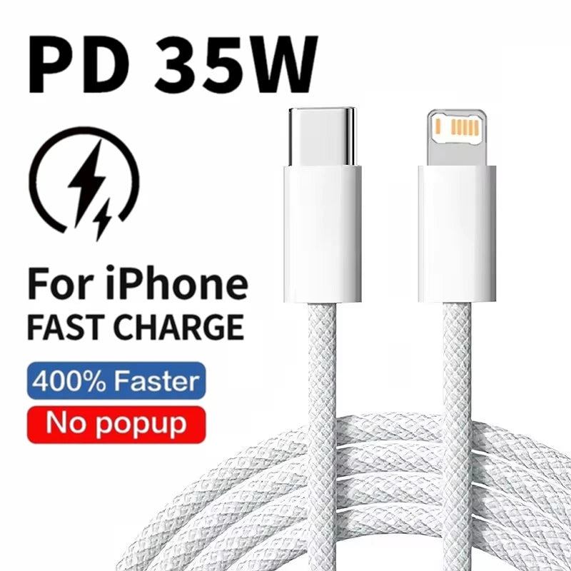 Braided 35W Fast Charge PD Cable For iPhone 13 14 Pro Max 11 12 mini X XR XS Max 7 8 Plus Quick Charging USB-C Data Cables 1m 2m