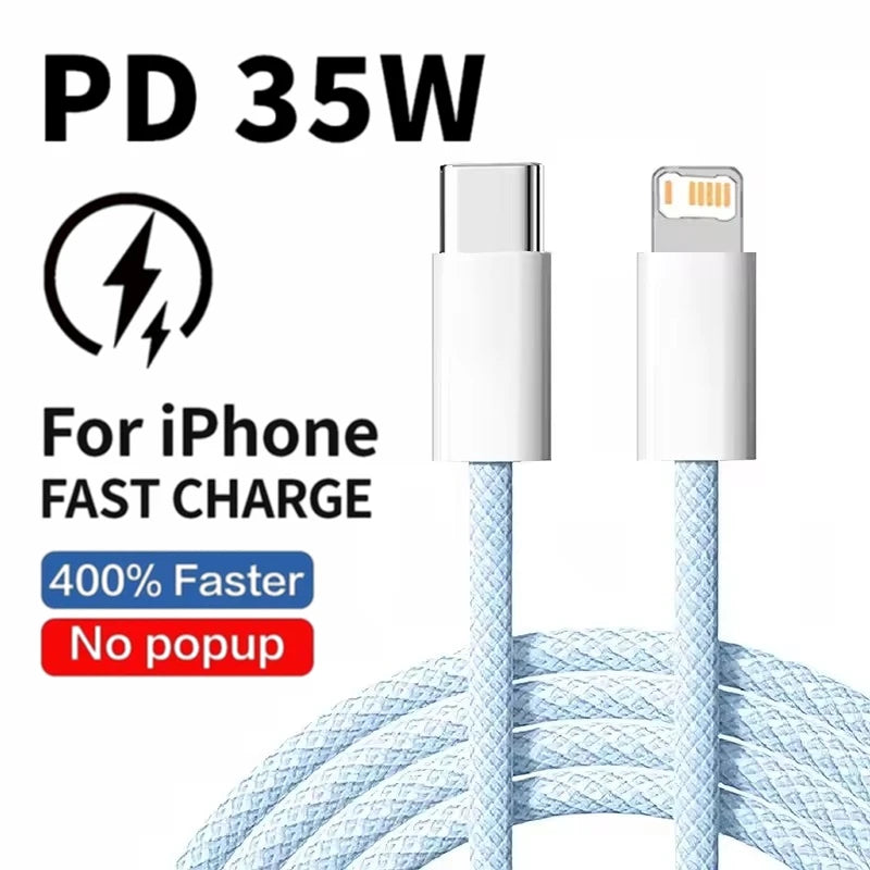 Braided 35W Fast Charge PD Cable For iPhone 13 14 Pro Max 11 12 mini X XR XS Max 7 8 Plus Quick Charging USB-C Data Cables 1m 2m