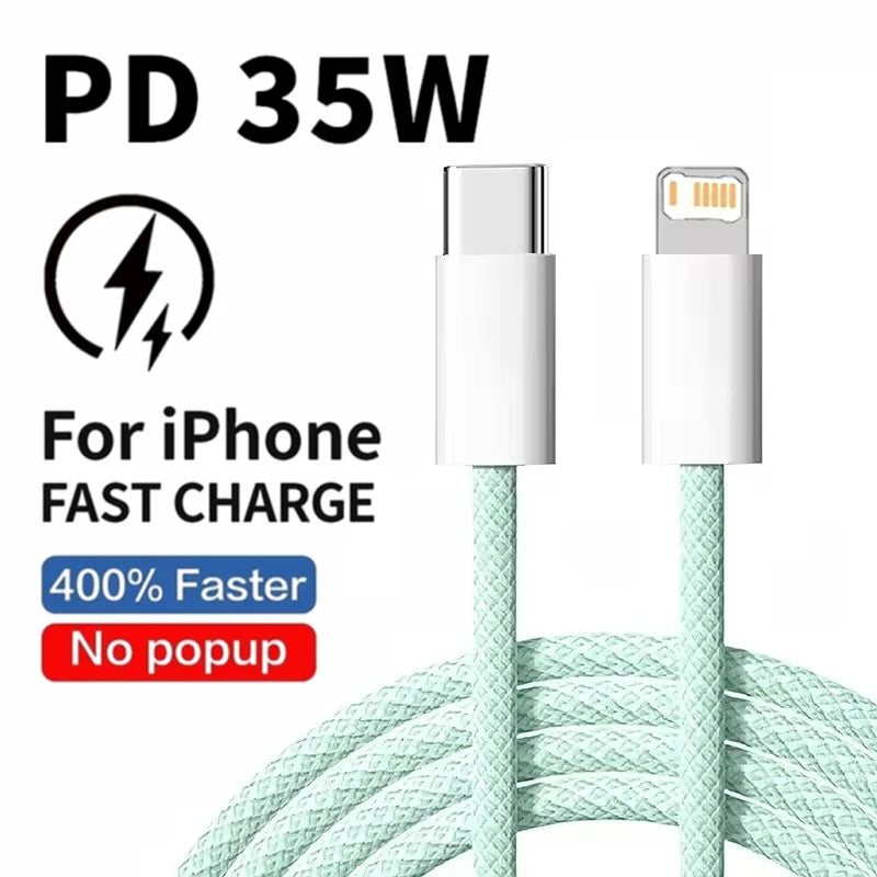 Braided 35W Fast Charge PD Cable For iPhone 13 14 Pro Max 11 12 mini X XR XS Max 7 8 Plus Quick Charging USB-C Data Cables 1m 2m